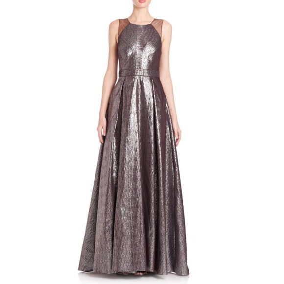 BADGLEY MISCHKA Textured Ball Gown in Metallic Mink sz 4 $990 from SAKS 5th AVE - Picture 2 of 15